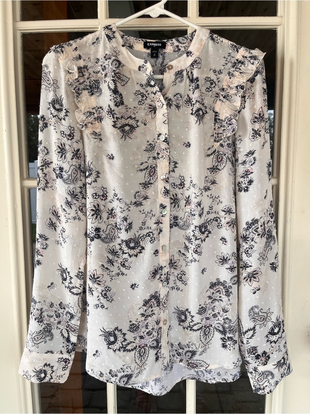 Express Cream Floral Ruffle Button-Front Blouse - Picture 1 of 8